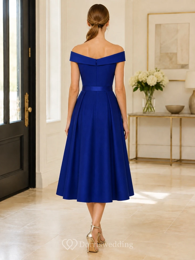 Royal Blue Elegant Modern Off-Shoulder Short-Sleeve Satin A-Line Tea-Length Formal Dress view 2
