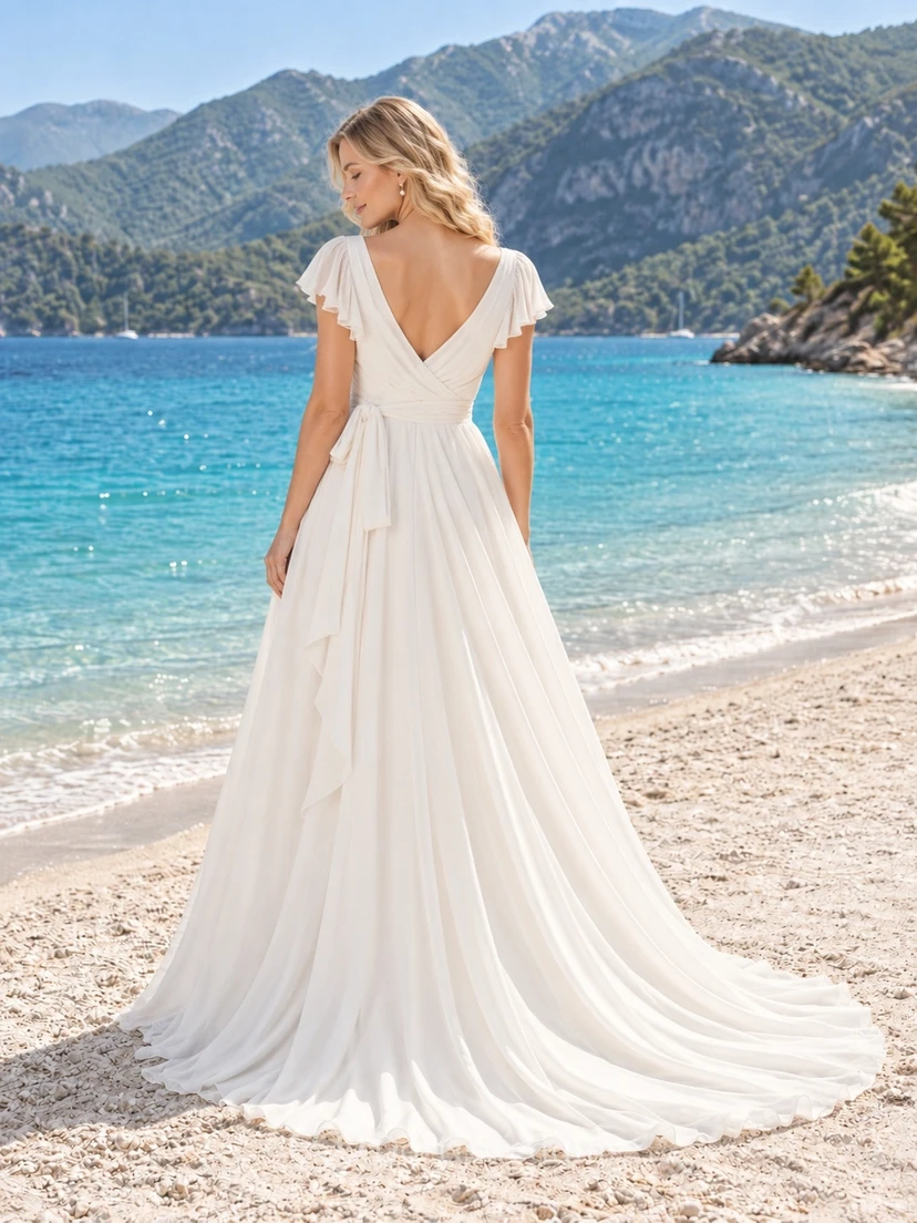 Simple V Neck Short Sleeve Chiffon Wrap Bridal Gown with Train view 2