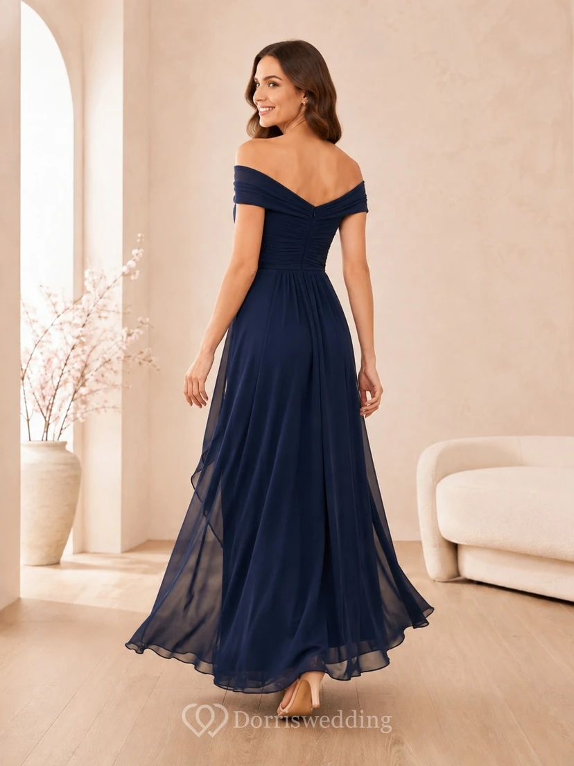 Dark Navy Off-Shoulder Ruched Chiffon A-Line Ankle-Length Elegant Guest Dress view 2