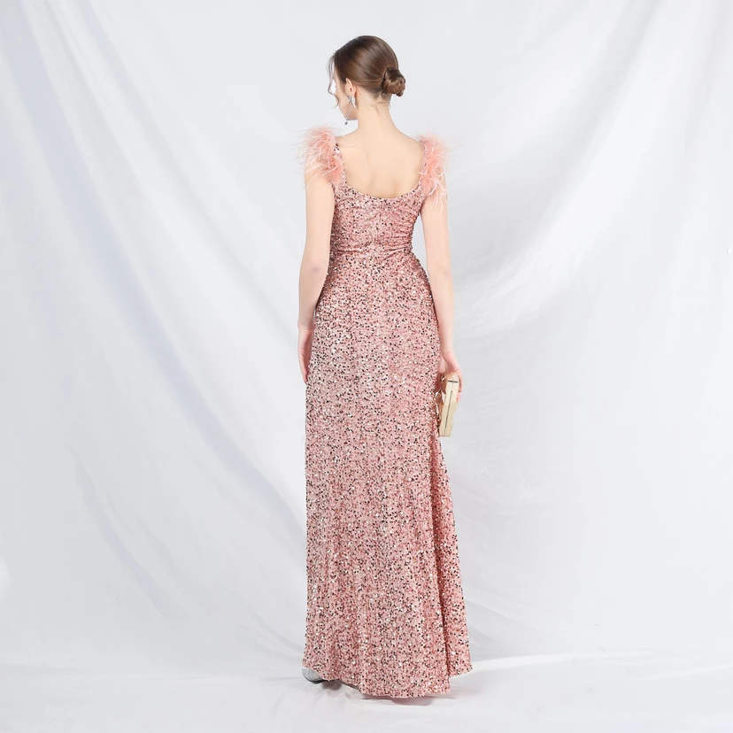 Craft Beaded Ostrich Feather Plush Sequined Long Evening Dress view 42