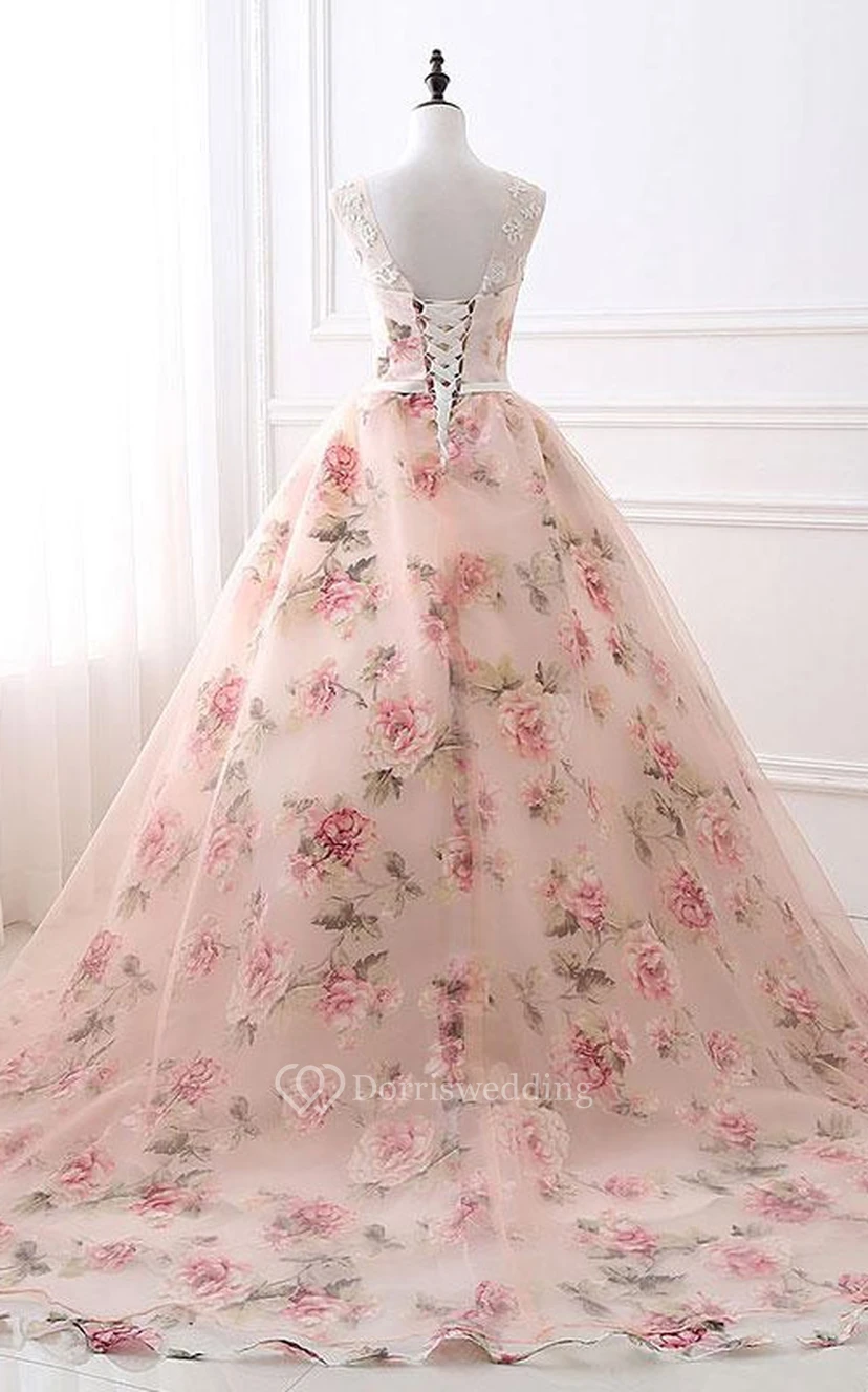 Vestido de fiesta de gala sin mangas con escote redondo y corte imperio, estampado floral view 2