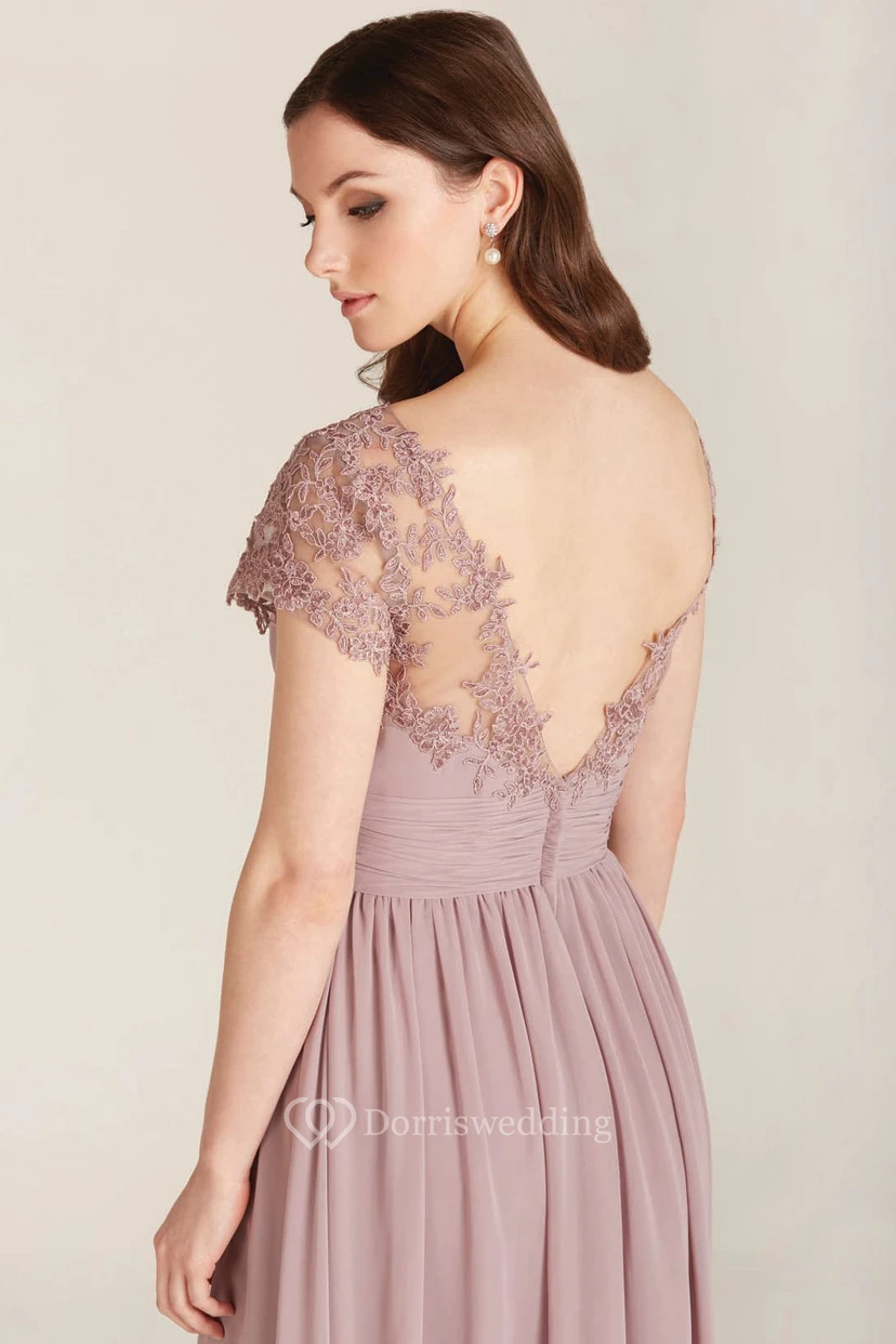 Appliqued Bateau Neck Illusion Sleeve Chiffon Bridesmaid Dress view 2