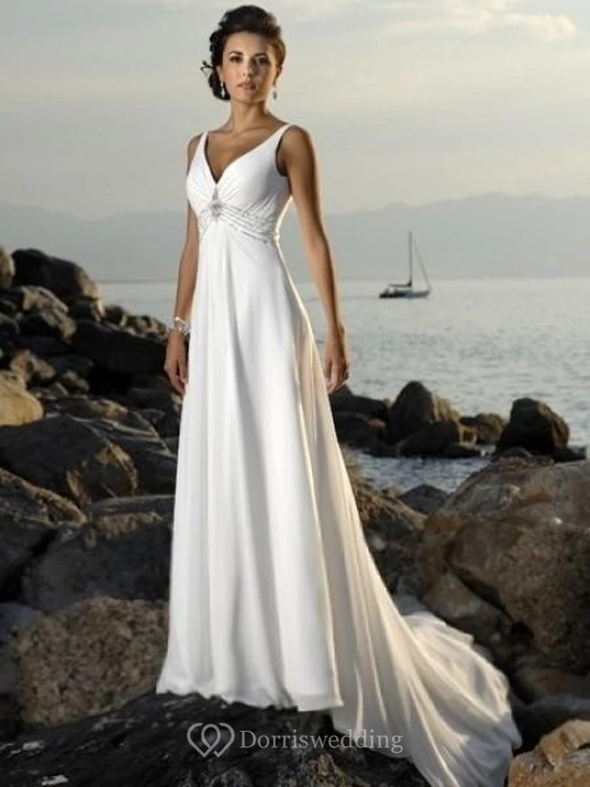 Empire-Brautkleider aus Chiffon mit V-Ausschnitt, Schleppe und ärmellosem Schnitt für Bräute