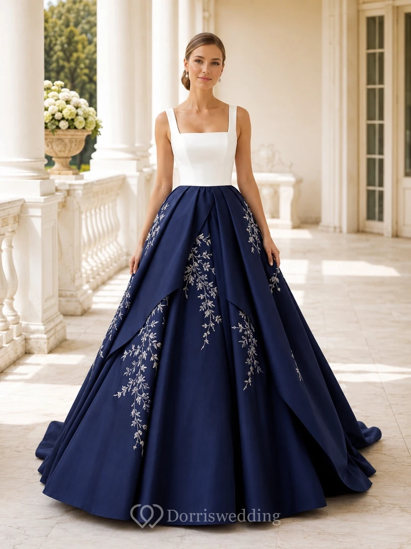 Marineblaues, drapiertes Ballkleid mit eckigem Ausschnitt, ärmellos, aus Satin, modernes Brautkleid