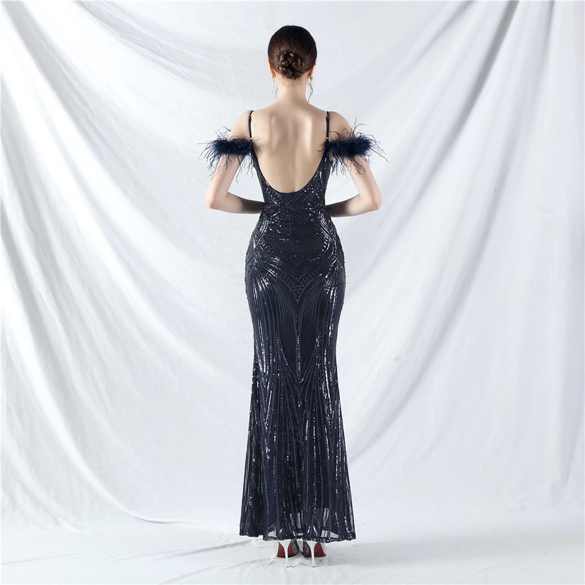 Vestido de noche con cuentas florales y plumas de avestruz elaboradas artesanalmente view 93