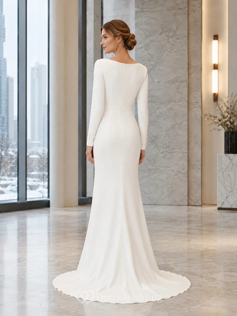 Winter Minimalist Bateau Long Sleeve Crepe Sheath Wedding Dress view 2