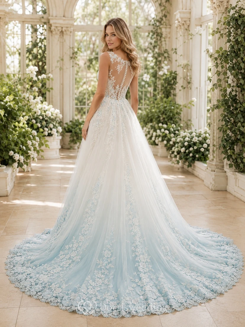 Türkisfarbenes, romantisches Brautkleid in A-Linie mit V-Ausschnitt, Spitzenärmeln und floralem Muster view 2