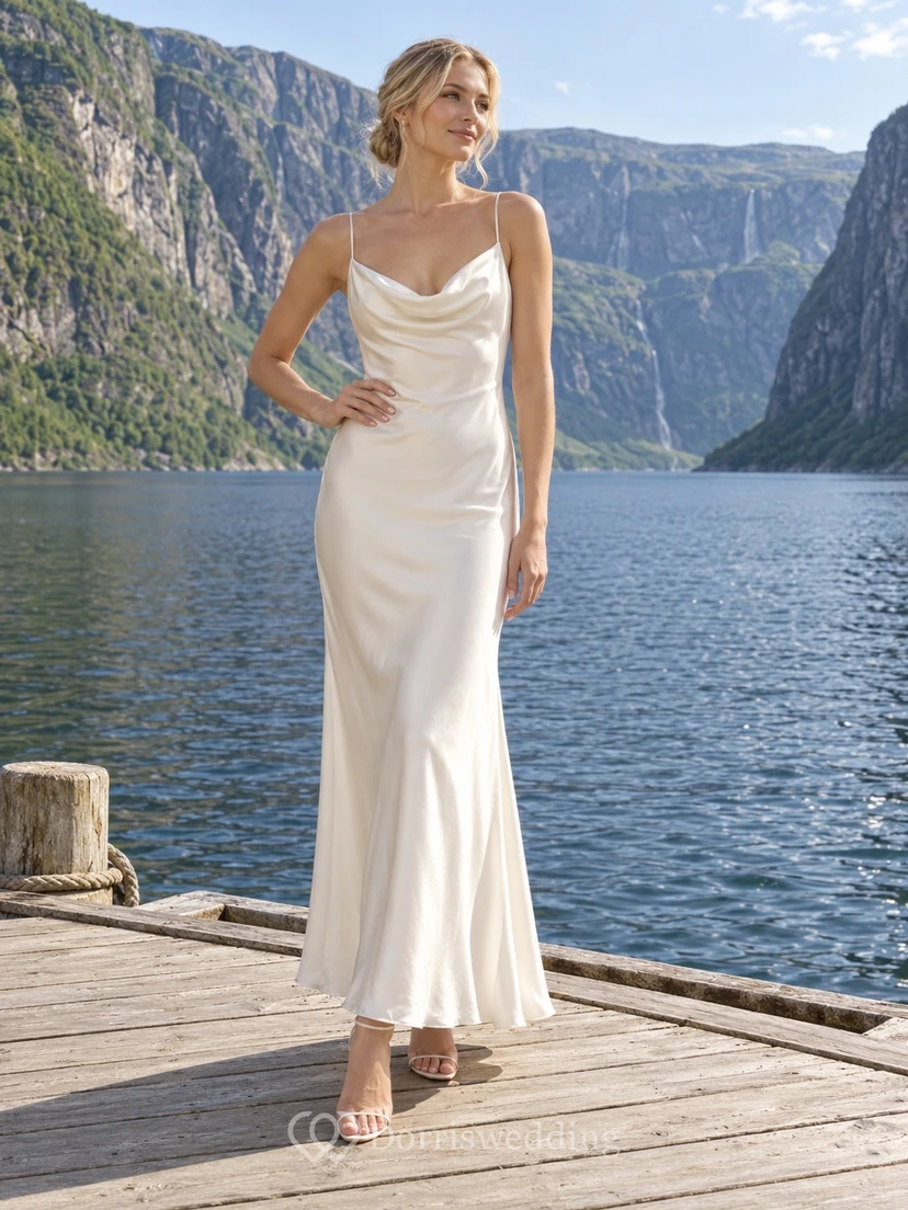 Cowl-Neck Spaghetti-Strap Charmeuse Wedding Dress with Scoop Back and Slit Skirt