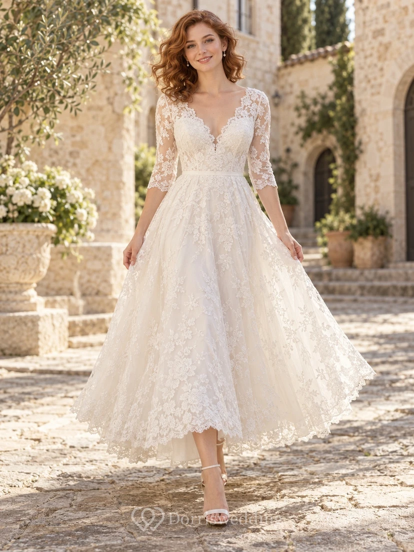 Tea-length V-neck Three-Quarter Sleeve Floral Lace A-line Bridal Wedding Dress