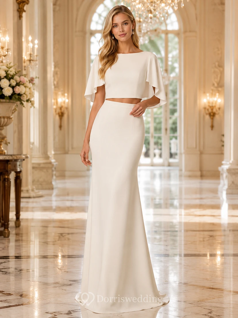 Zweiteiliges Brautkleid im Meerjungfrauenstil mit Cape-Ärmeln und schwarzem Bindeband