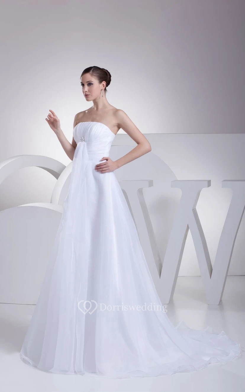 Vestido de hadas sin tirantes de corte A fruncido con superposición de pedrería y tul. view 5