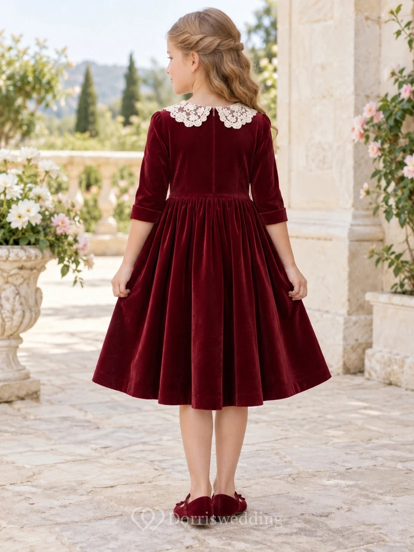 Vintage Tea-length Burgundy Three-quarter Sleeve Lace Collar Velvet Flower Girl Dress view 2