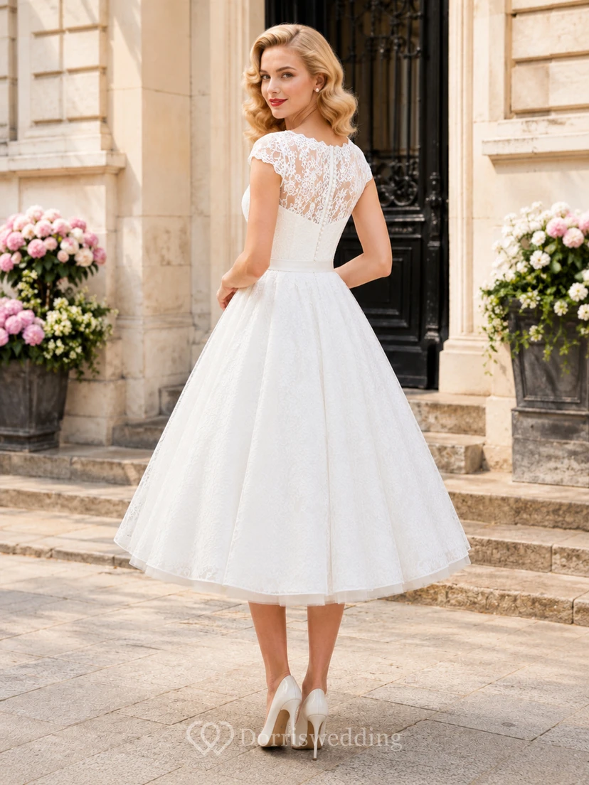 Civil Lace Cap Sleeve Tea-Length A-Line Wedding Dress view 2