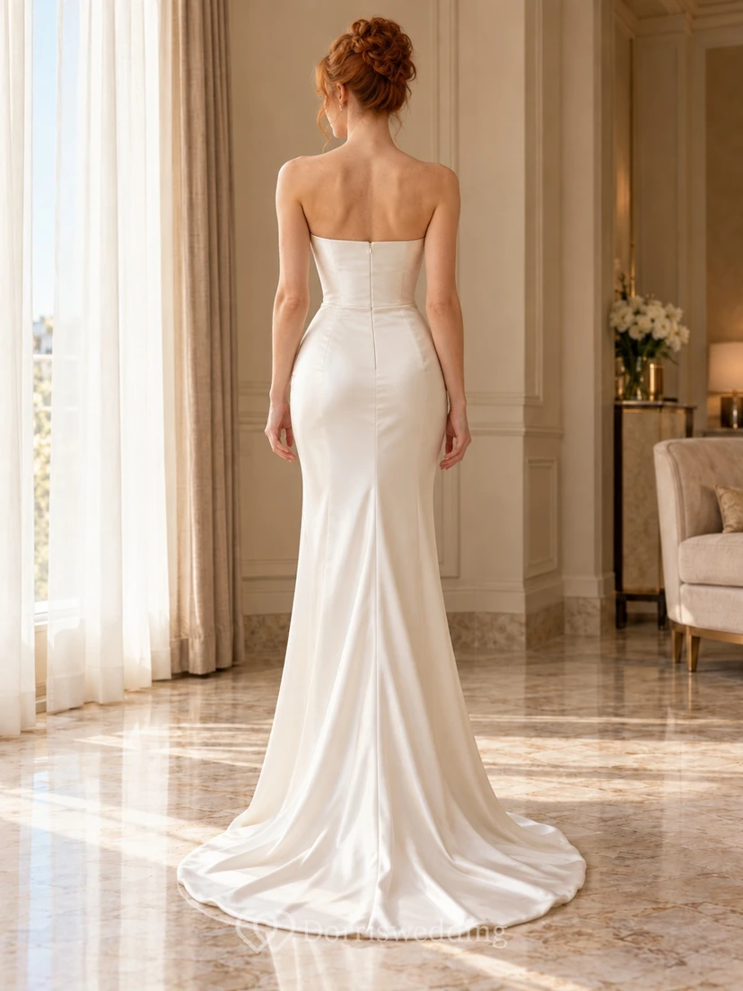 Simple Strapless Ruched Satin Fitted Bridal Train Wedding Dress view 2