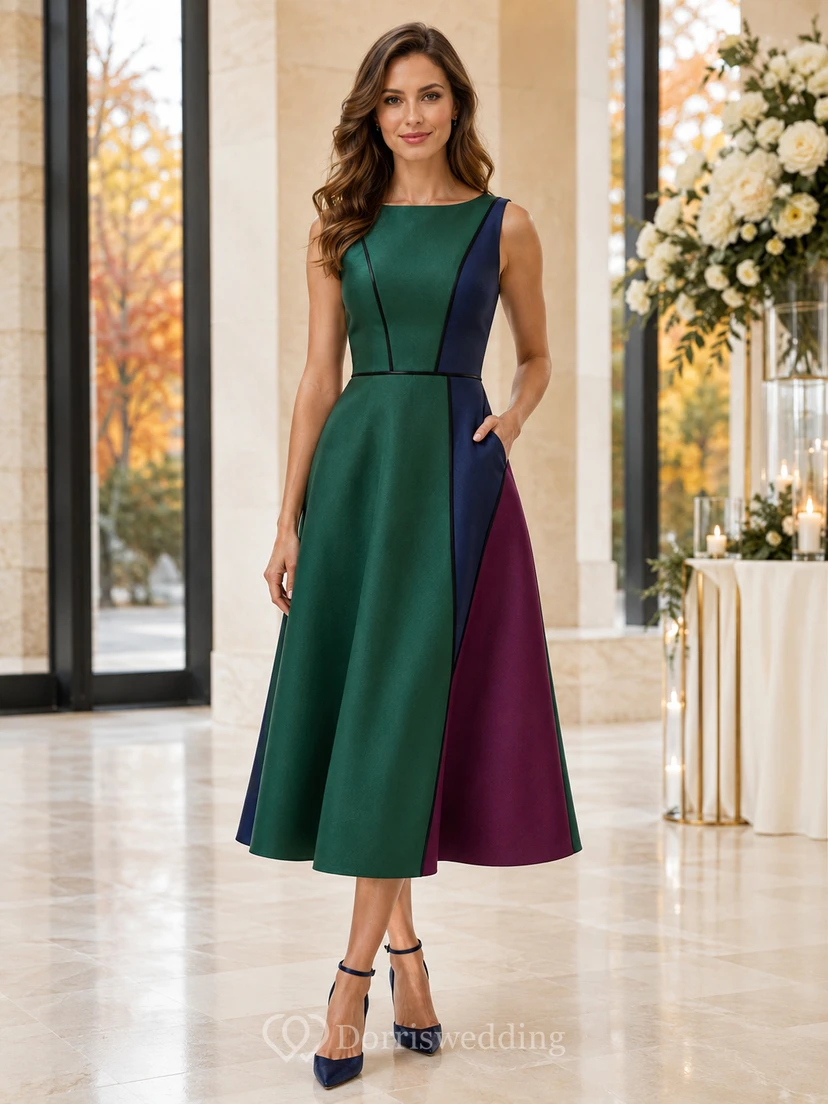 Robe d'invitée sans manches à motif bateau et blocs de couleur, coupe trapèze, couleur bijou