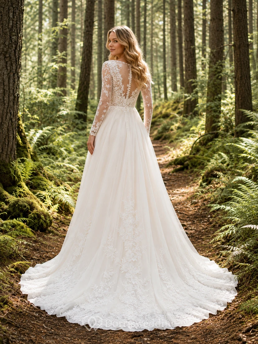 Brautkleid im Landhausstil mit Spitze, A-Linie, herzförmigem Schnitt, langen Ärmeln, Schleppe und tiefem V-Ausschnitt am Rücken view 2
