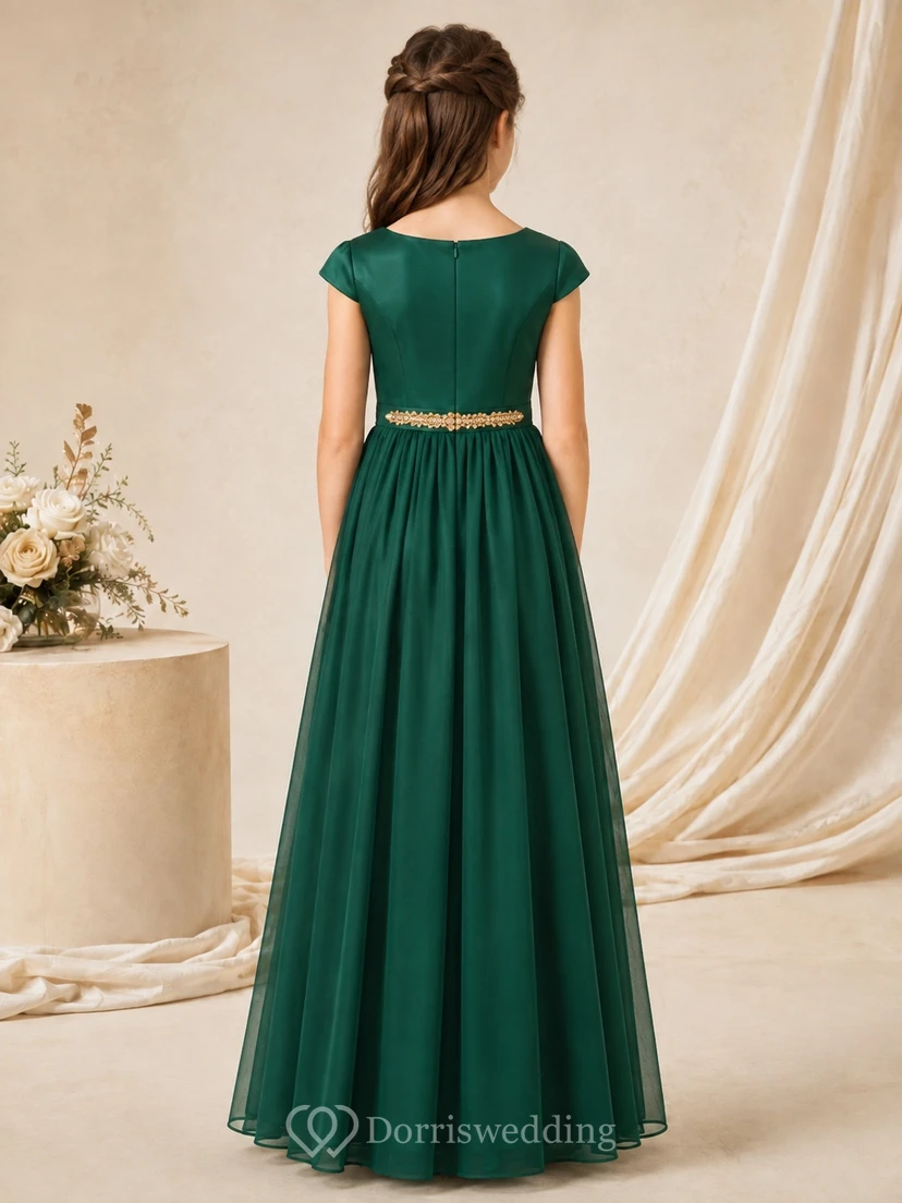 Dunkelgrünes Brautjungfernkleid für junge Damen, A-Linie, Rundhalsausschnitt, kurze Flügelärmel, Satinschärpe/Band, elegant view 2