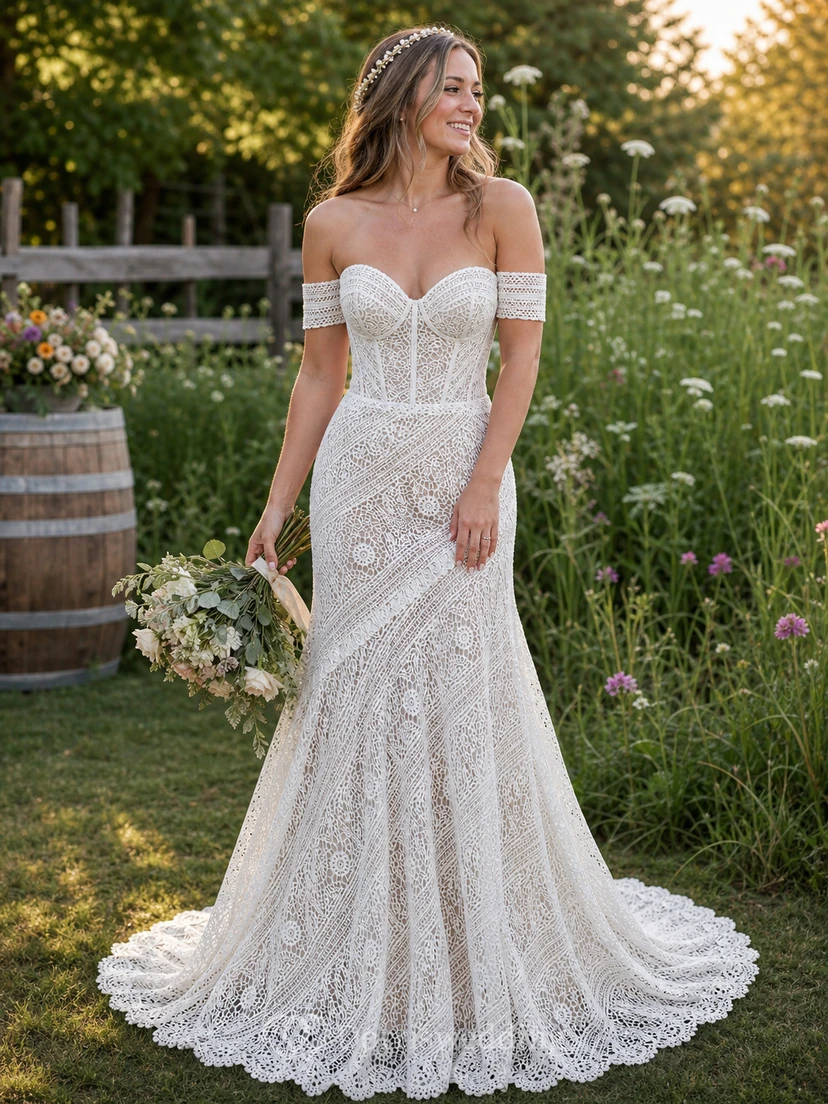 Vestido de novia bohemio de corte imperio con encaje y escote corazón. view 9