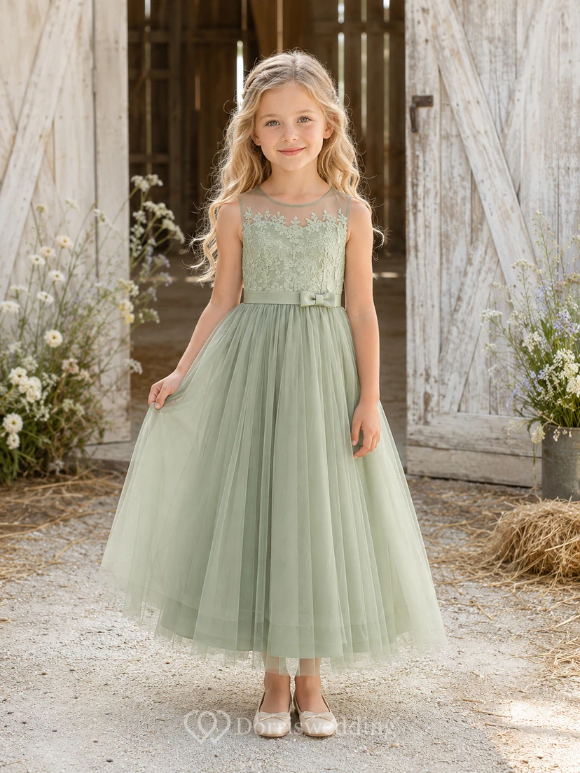 Flower Girl Dress Sage Lace Tulle A-Line Jewel Neck Tea Length