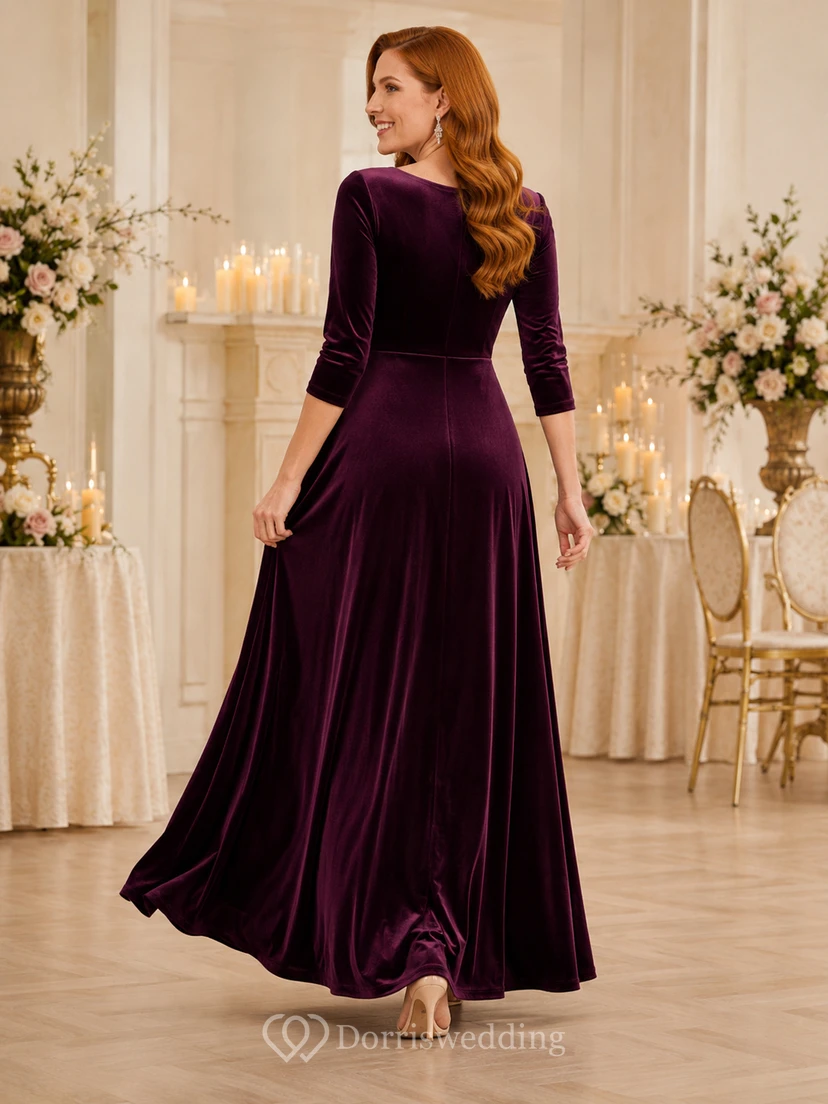 Plum Velvet Three Quarter Sleeve A Line Guest Gown view 2
