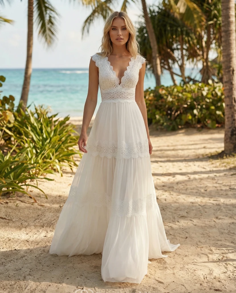 Whimsical Boho V-Neck Lace and Tulle Wedding Dress with Tiered Skirt view 5
