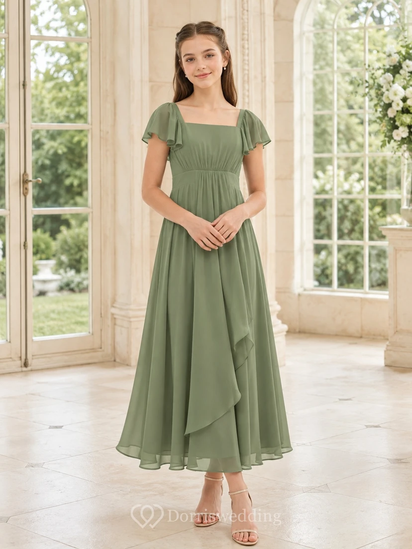 Vestido de dama de honor juvenil verde albahaca, corte en A, largo hasta la rodilla, manga corta cuadrada, estilo romántico formal con volantes.