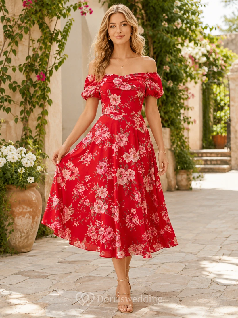 Red Floral Off Shoulder Short Sleeve Midi Dress