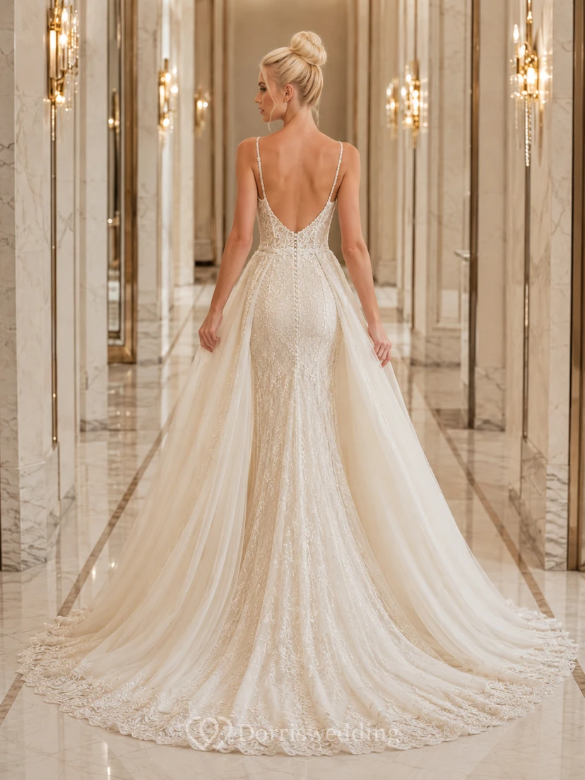 Elegant Lace Tulle Deep V Sleeveless Mermaid Chapel Train Removable Overskirt Deep-V Back Wedding Dress view 2