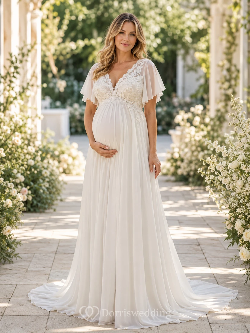 Robe de mariée longue en mousseline et dentelle, coupe empire, col en V, manches courtes, idéale pour la plage.