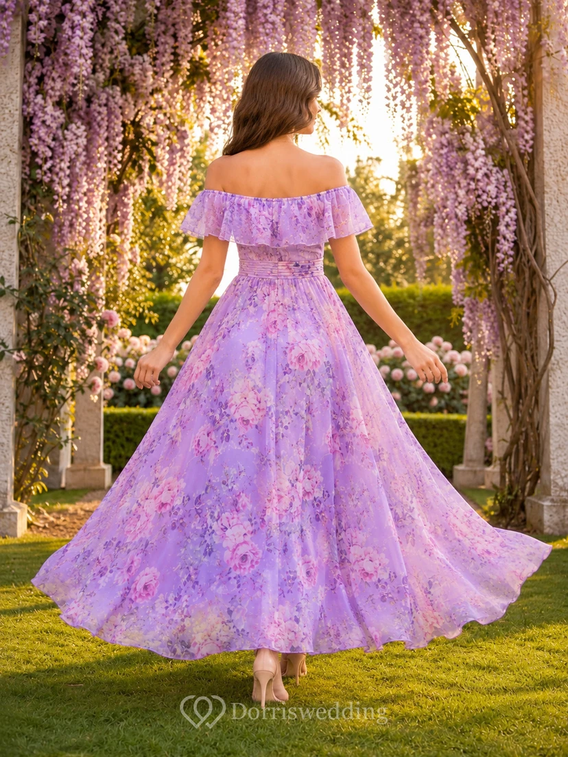 Lavender Floral Off Shoulder Ruffle Chiffon Maxi Guest Dress view 2