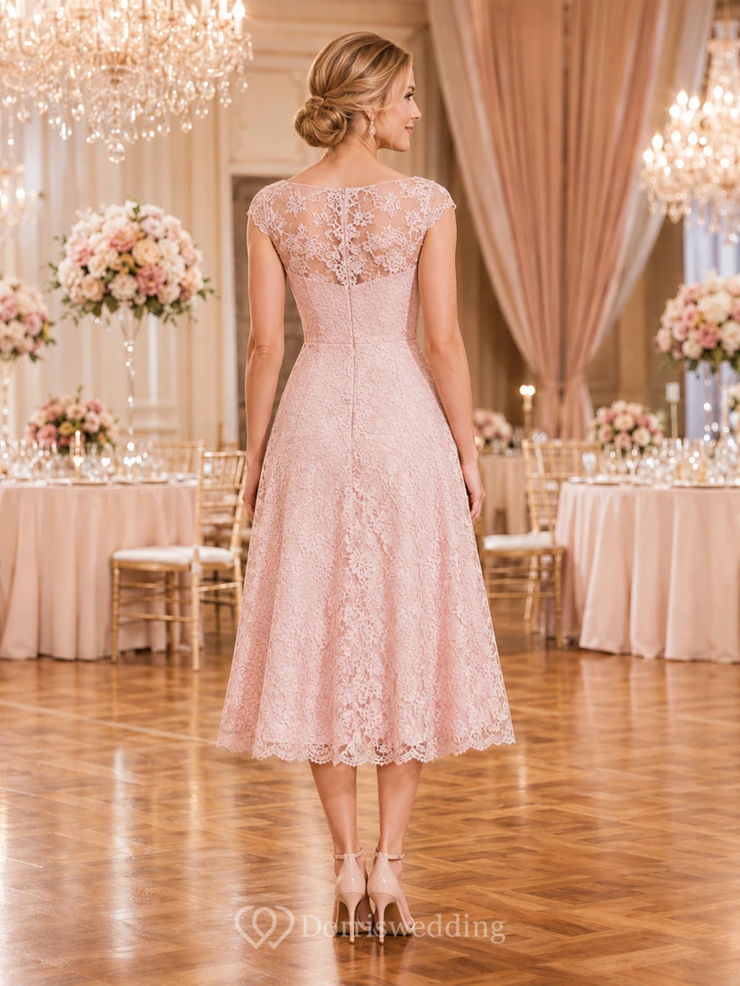 Blush Lace Illusion Cap Sleeve A Line Luncheon Midi Dress view 2