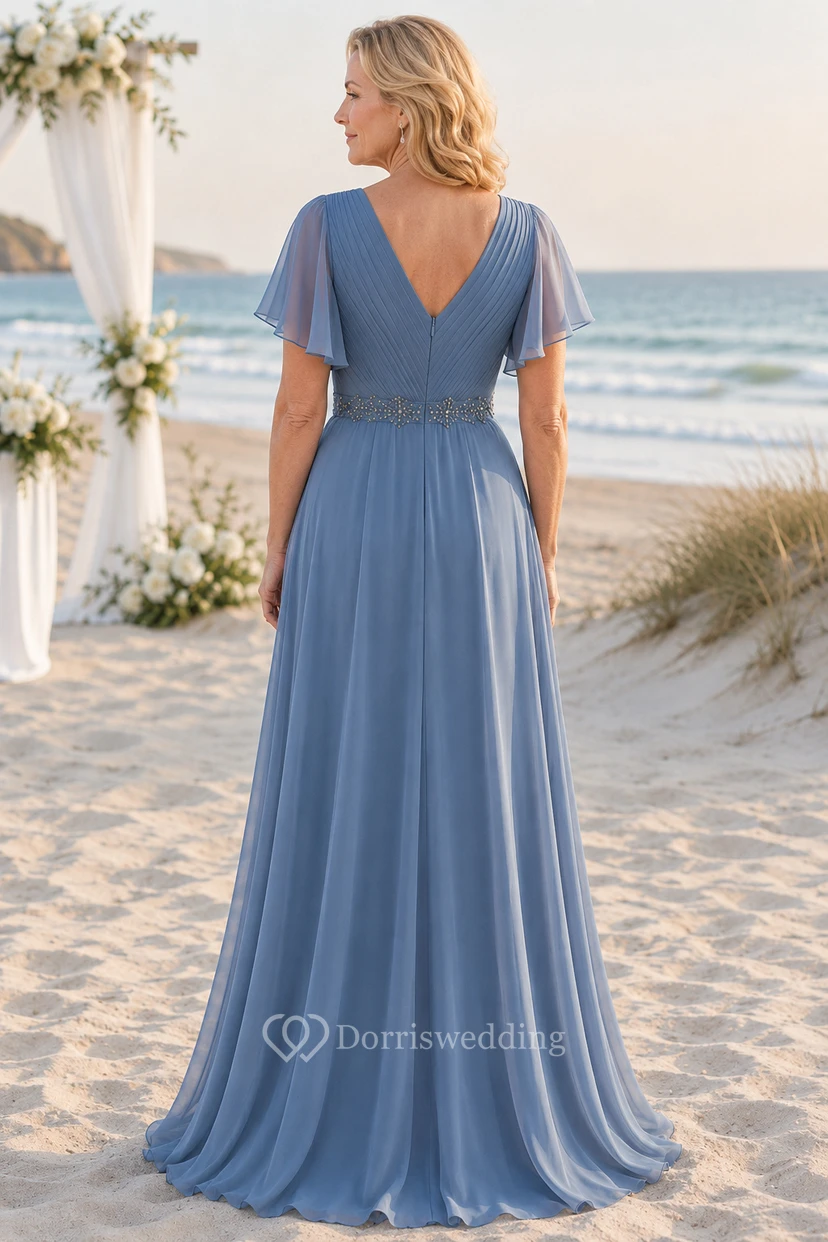 Stahlblaues Chiffon-Kleid in A-Linie mit V-Ausschnitt und Volantärmeln view 2