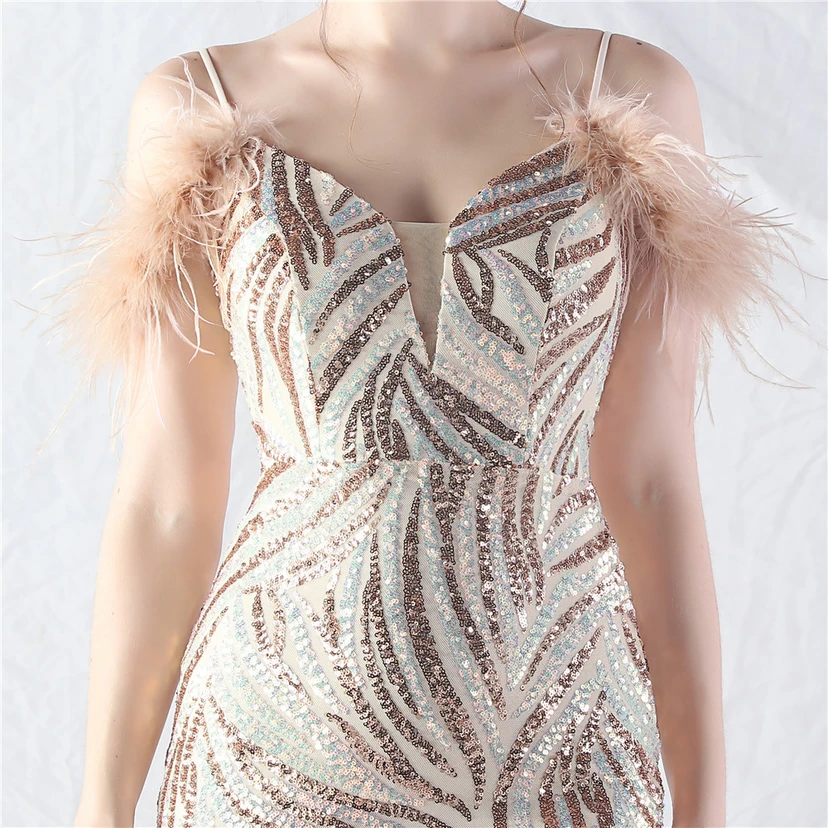 Crafted Ostrich Feather Stacked Sequins Splicing Mesh Gauze High-End Evening Dress Clothes view 58