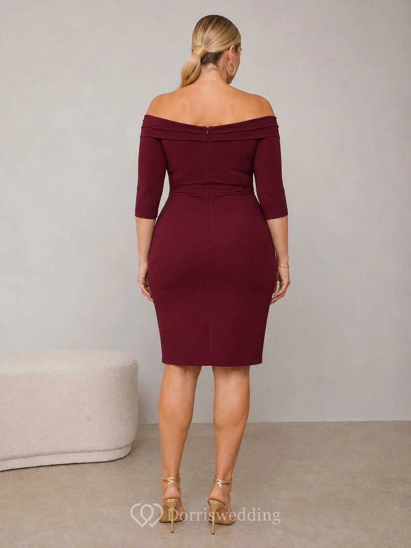Robe de cocktail bordeaux grande taille, coupe crayon, jersey, épaules dénudées, manches 3/4, froncée, longueur genou view 2