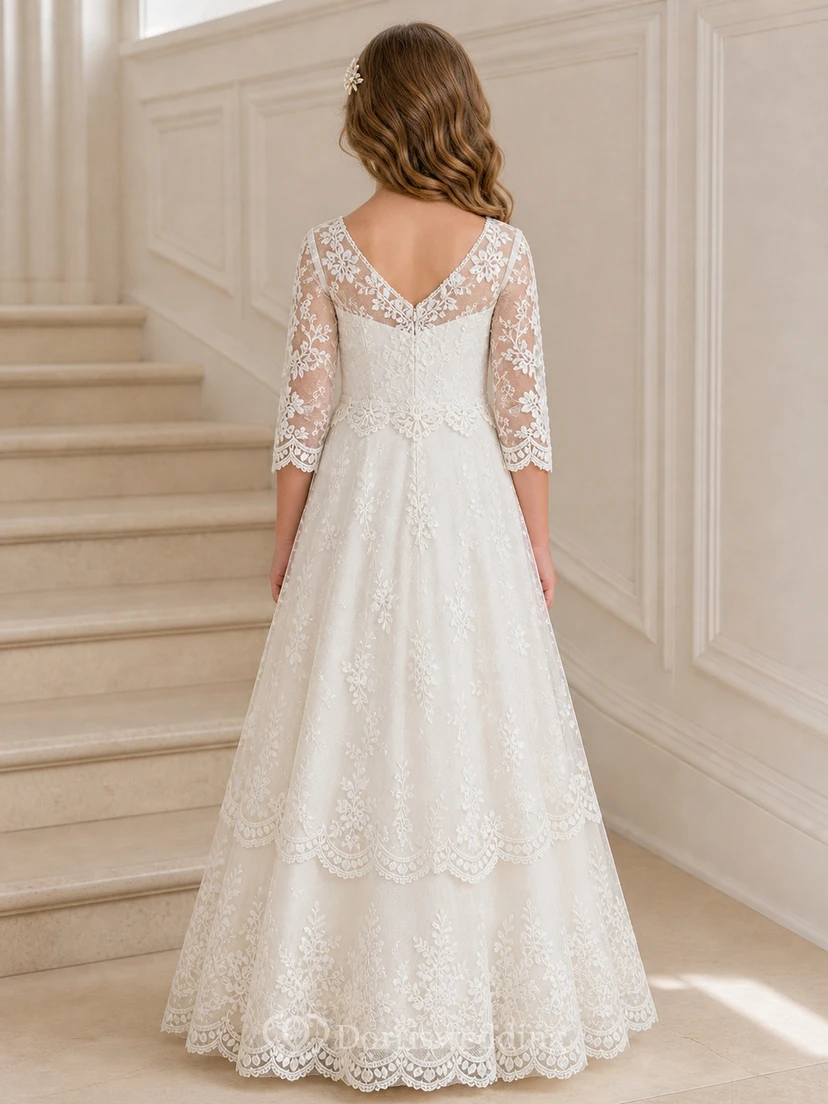 Modest Flower Girl Floor-length A-Line Scalloped Lace Sleeve Dress view 2
