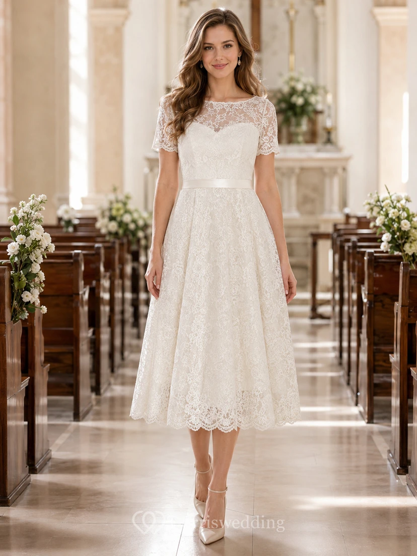 Vestido midi de encaje color marfil con efecto ilusión y corte barco, ideal para invitadas a bautizo.