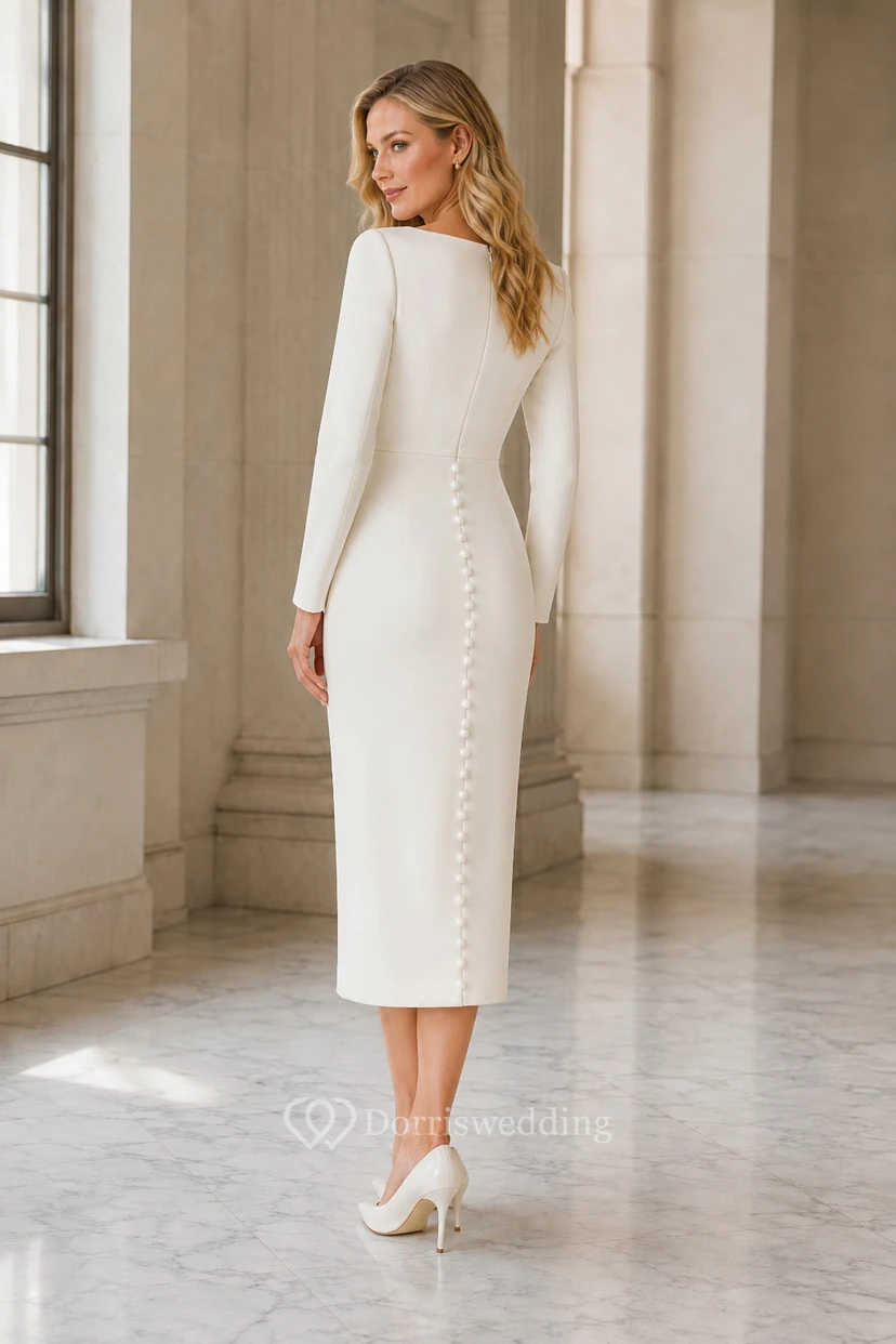 Robe de mariée fourreau à manches longues arrivant au genou, avec boutons view 2