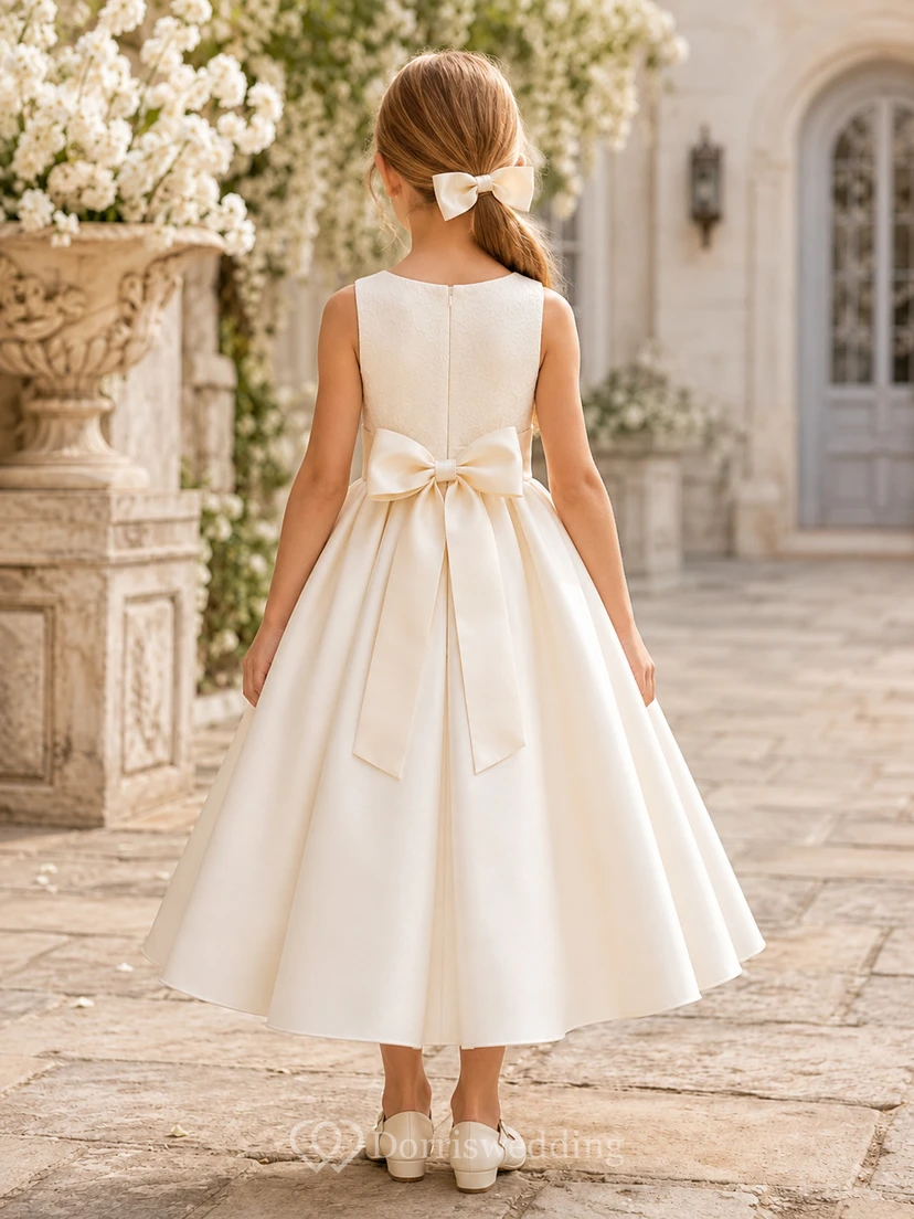 Klassisches A-Linien-Kleid aus Tüll mit Schleife für Blumenmädchen, kurzen Ärmeln, Rundhalsausschnitt, wadenlangem Rock und Schleifendetail. view 2