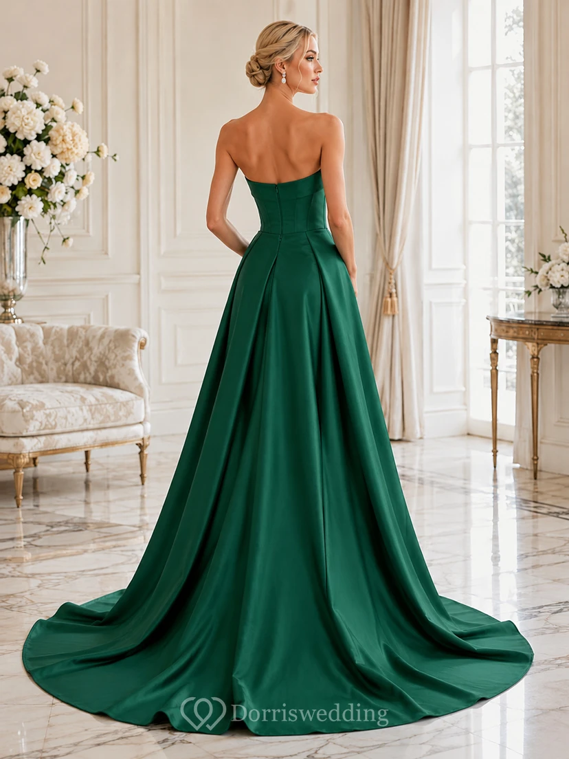 Emerald Green Strapless Sweetheart Draped Satin A-Line Split Front Wedding Gown view 2