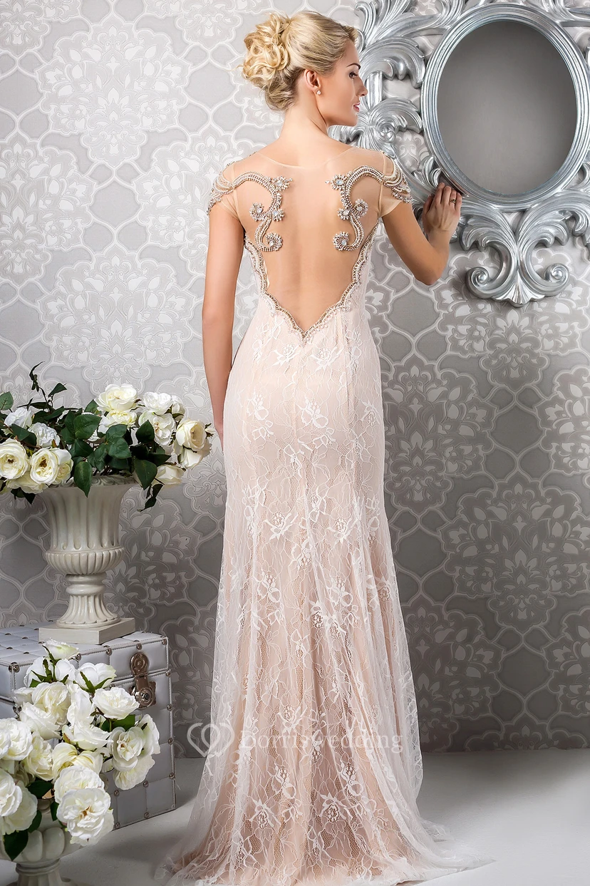 Sheath Scoop-Neck Beaded Long Sleeveless Lace Evening Dress view 2
