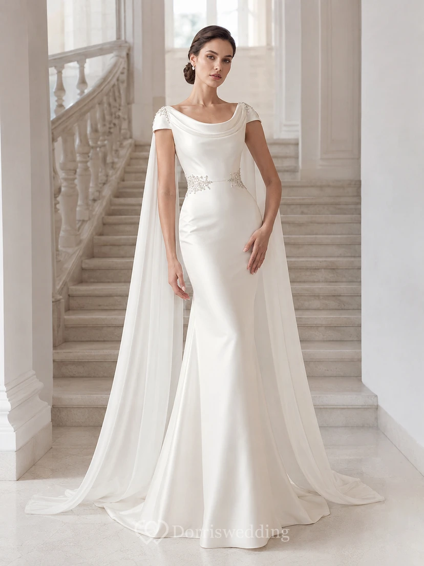 Robe de mariée moderne à manches courtes, cape en satin et traîne chapelle, style bateau