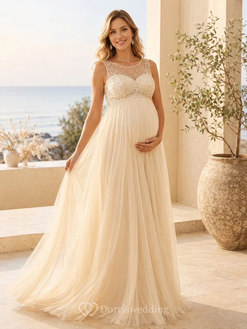 Maternity Empire Illusion Beaded Tulle Floor Length Formal Evening Gown