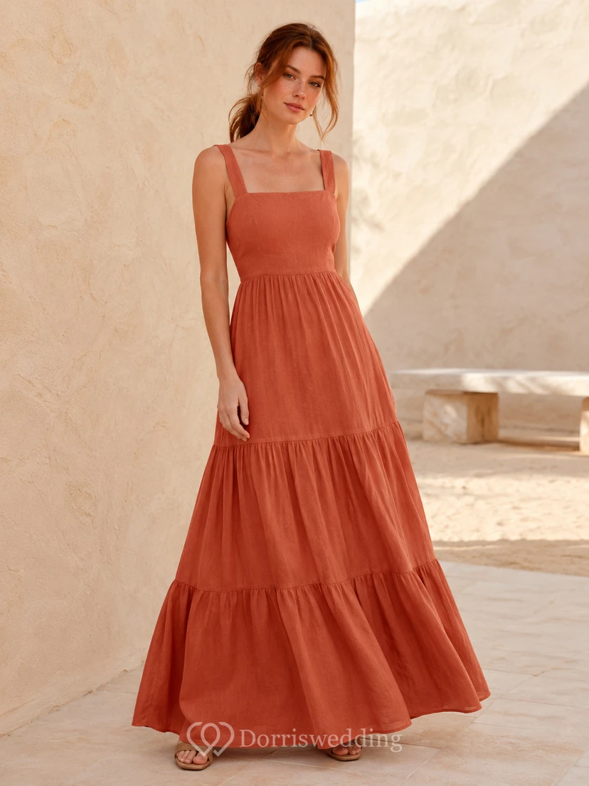 Terracotta square neck strap tiered desert resort maxi dress
