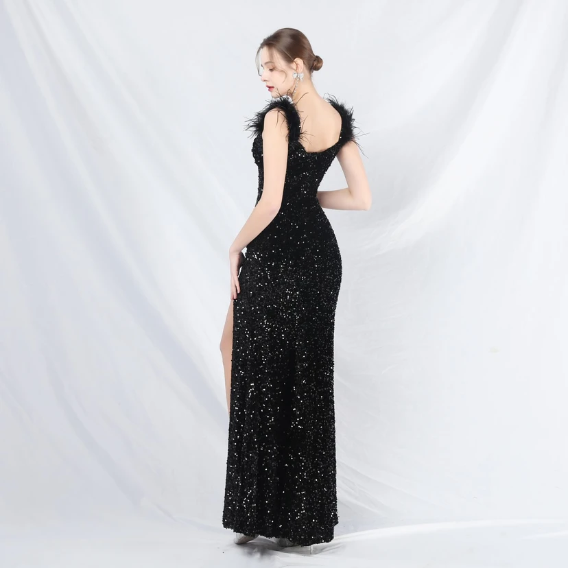 Craft Beaded Ostrich Feather Plush Sequined Long Evening Dress view 60