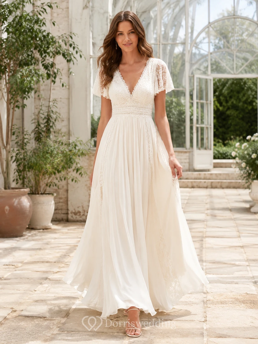 Affordable Bohemian V-Neck Short Illusion Sleeve Lace Chiffon Floor Length A-Line Wedding Dress