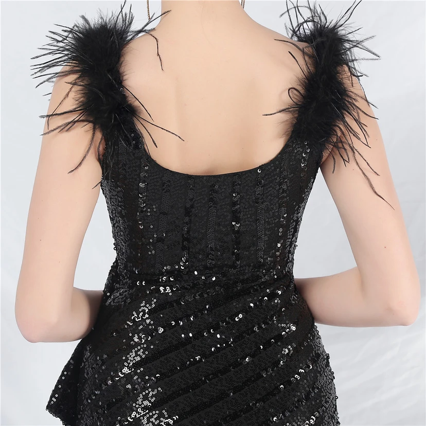 Evening Dress Craft Beaded Ostrich Feather Sequined Side Slit Evening Dress view 70