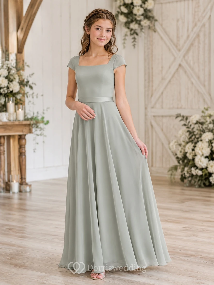 Silber-celadonfarbenes Brautjungfernkleid im A-Linien-Schnitt mit eckigen, kurzen Ärmeln, elegant und formell
