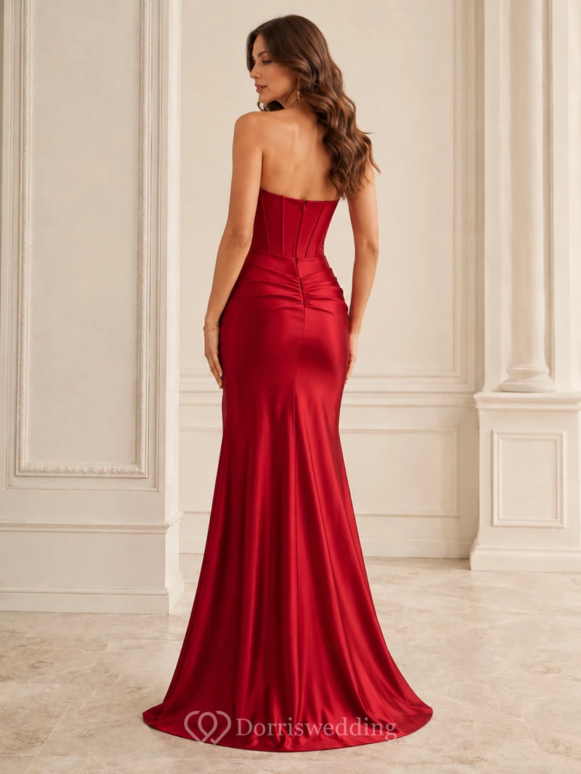 Red Strapless Corset Satin Slit Formal Dress view 2