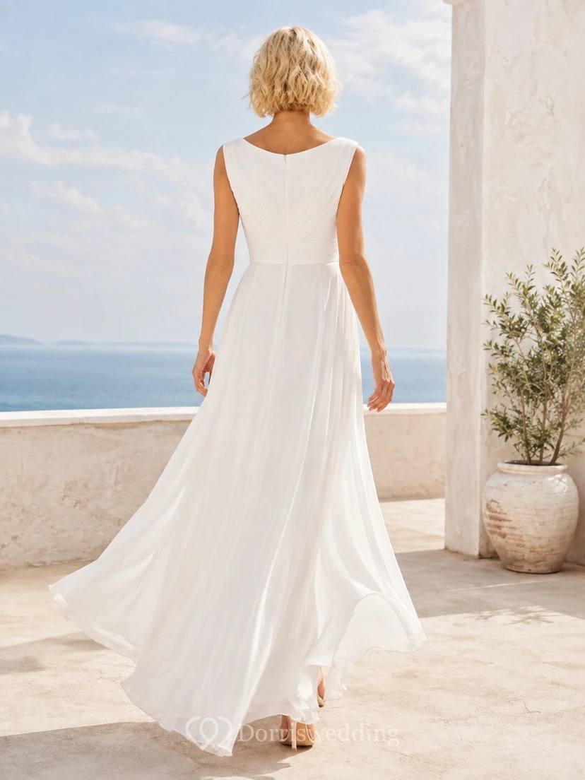 Vestido de noche largo hasta el suelo, sin mangas, de corte A, en jersey elástico blanco con hombros descubiertos y escote barco. view 2