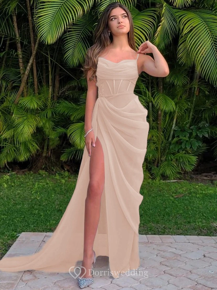 Spaghetti Ruched Sexy Front Split Sheath Side-ruched Prom Dress view 34